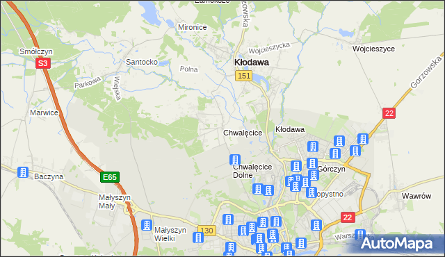 mapa Chwalęcice gmina Kłodawa, Chwalęcice gmina Kłodawa na mapie Targeo