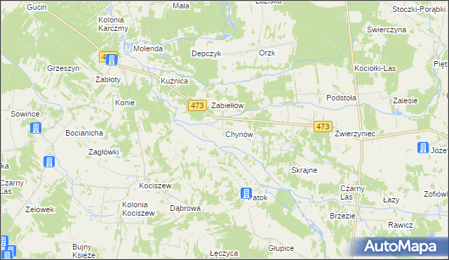 mapa Chynów gmina Drużbice, Chynów gmina Drużbice na mapie Targeo