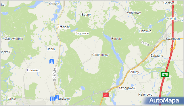 mapa Ciecholewy gmina Starogard Gdański, Ciecholewy gmina Starogard Gdański na mapie Targeo