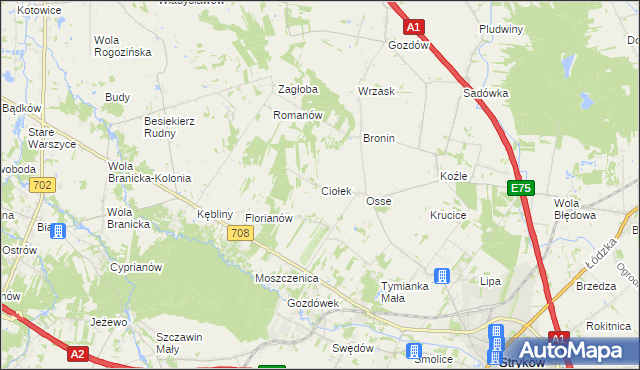 mapa Ciołek gmina Stryków, Ciołek gmina Stryków na mapie Targeo