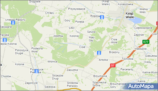 mapa Cisie gmina Książ Wielki, Cisie gmina Książ Wielki na mapie Targeo