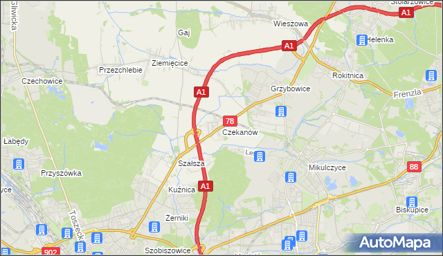 mapa Czekanów gmina Zbrosławice, Czekanów gmina Zbrosławice na mapie Targeo