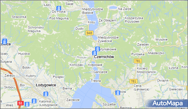 mapa Czernichów powiat żywiecki, Czernichów powiat żywiecki na mapie Targeo