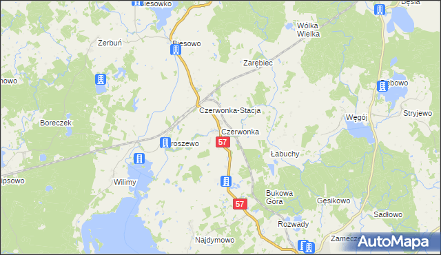 mapa Czerwonka gmina Biskupiec, Czerwonka gmina Biskupiec na mapie Targeo