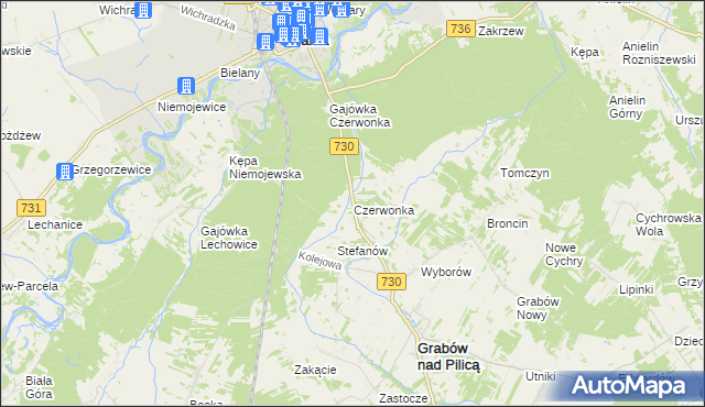 mapa Czerwonka gmina Grabów nad Pilicą, Czerwonka gmina Grabów nad Pilicą na mapie Targeo