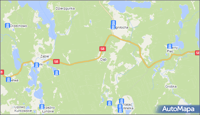 mapa Dąb gmina Olsztynek, Dąb gmina Olsztynek na mapie Targeo