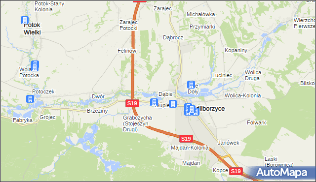 mapa Dąbie gmina Modliborzyce, Dąbie gmina Modliborzyce na mapie Targeo