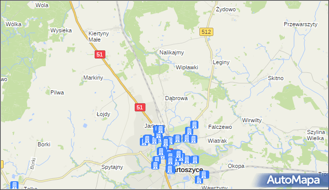 mapa Dąbrowa gmina Bartoszyce, Dąbrowa gmina Bartoszyce na mapie Targeo