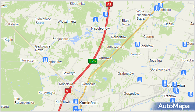 mapa Dąbrowa gmina Kamieńsk, Dąbrowa gmina Kamieńsk na mapie Targeo