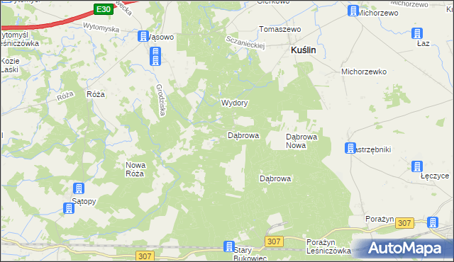 mapa Dąbrowa gmina Kuślin, Dąbrowa gmina Kuślin na mapie Targeo