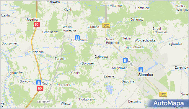 mapa Dąbrowa gmina Siennica, Dąbrowa gmina Siennica na mapie Targeo