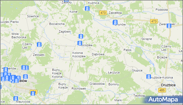 mapa Dąbrowa gmina Zelów, Dąbrowa gmina Zelów na mapie Targeo