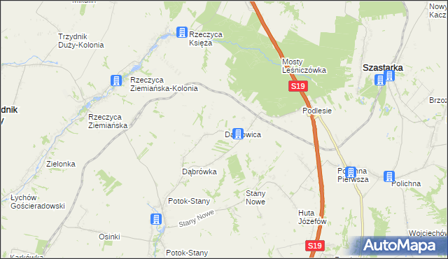 mapa Dąbrowica gmina Potok Wielki, Dąbrowica gmina Potok Wielki na mapie Targeo