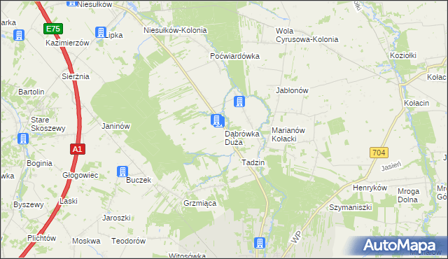 mapa Dąbrówka Duża gmina Brzeziny, Dąbrówka Duża gmina Brzeziny na mapie Targeo