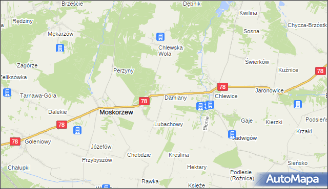 mapa Damiany gmina Moskorzew, Damiany gmina Moskorzew na mapie Targeo