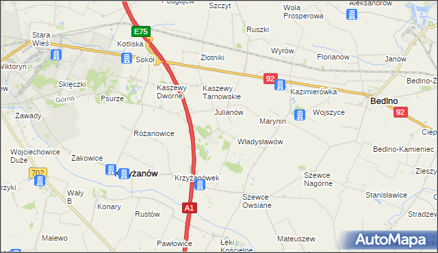 mapa Daninów gmina Krzyżanów, Daninów gmina Krzyżanów na mapie Targeo