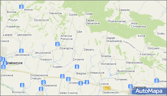 mapa Dębiany gmina Działoszyce, Dębiany gmina Działoszyce na mapie Targeo