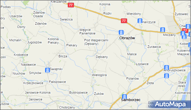 mapa Dębiany gmina Obrazów, Dębiany gmina Obrazów na mapie Targeo