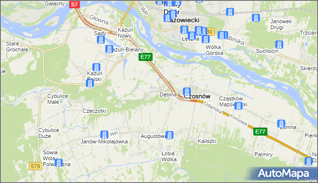 mapa Dębina gmina Czosnów, Dębina gmina Czosnów na mapie Targeo