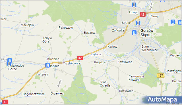 mapa Dębina gmina Gorzów Śląski, Dębina gmina Gorzów Śląski na mapie Targeo