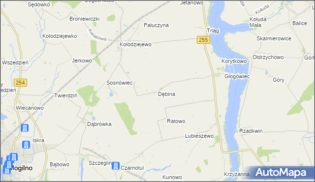 mapa Dębina gmina Janikowo, Dębina gmina Janikowo na mapie Targeo