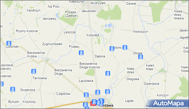 mapa Dębina gmina Kłodawa, Dębina gmina Kłodawa na mapie Targeo