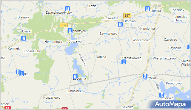 mapa Dębina gmina Pniewy, Dębina gmina Pniewy na mapie Targeo