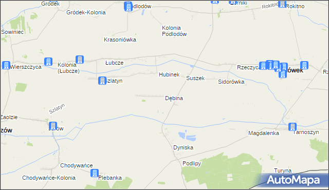 mapa Dębina gmina Ulhówek, Dębina gmina Ulhówek na mapie Targeo