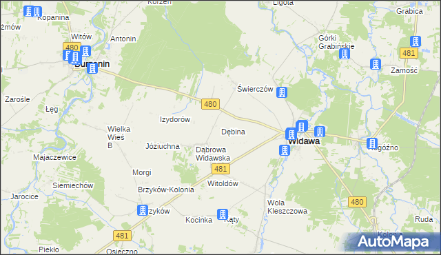 mapa Dębina gmina Widawa, Dębina gmina Widawa na mapie Targeo