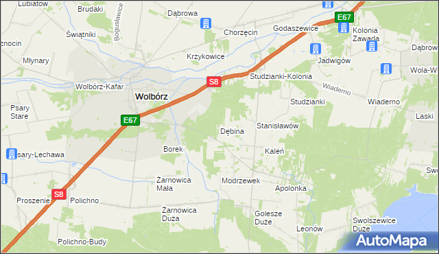 mapa Dębina gmina Wolbórz, Dębina gmina Wolbórz na mapie Targeo