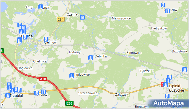 mapa Dębinka gmina Trzebiel, Dębinka gmina Trzebiel na mapie Targeo