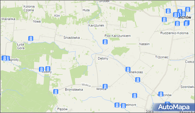 mapa Dębiny gmina Abramów, Dębiny gmina Abramów na mapie Targeo