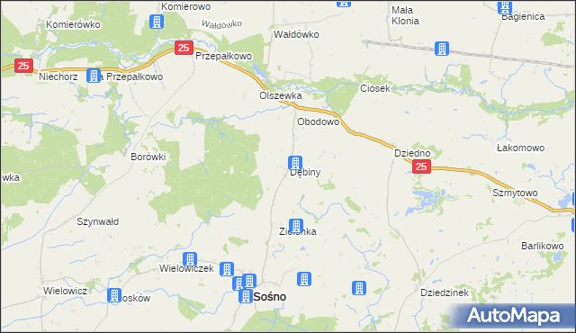 mapa Dębiny gmina Sośno, Dębiny gmina Sośno na mapie Targeo