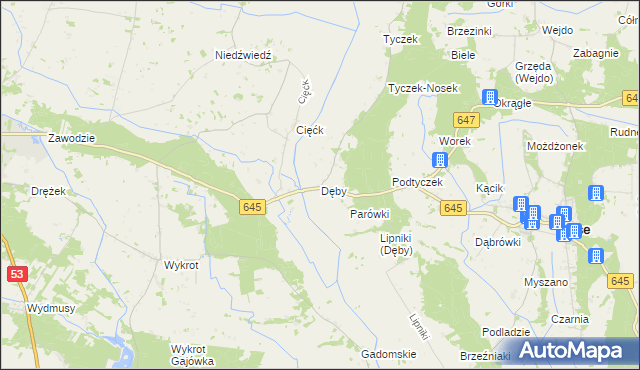 mapa Dęby gmina Łyse, Dęby gmina Łyse na mapie Targeo