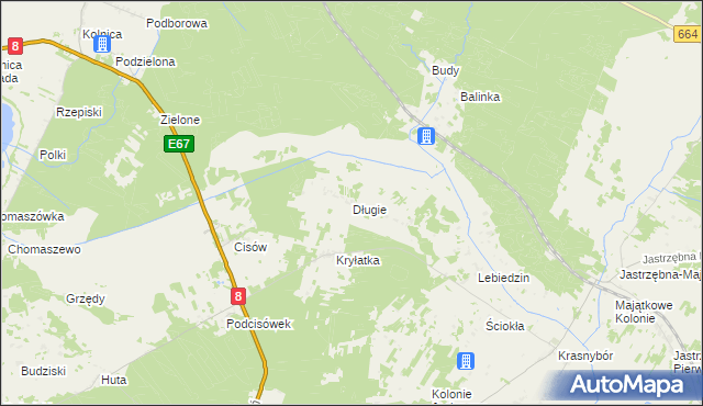 mapa Długie gmina Sztabin, Długie gmina Sztabin na mapie Targeo