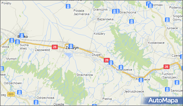 mapa Długie gmina Zarszyn, Długie gmina Zarszyn na mapie Targeo