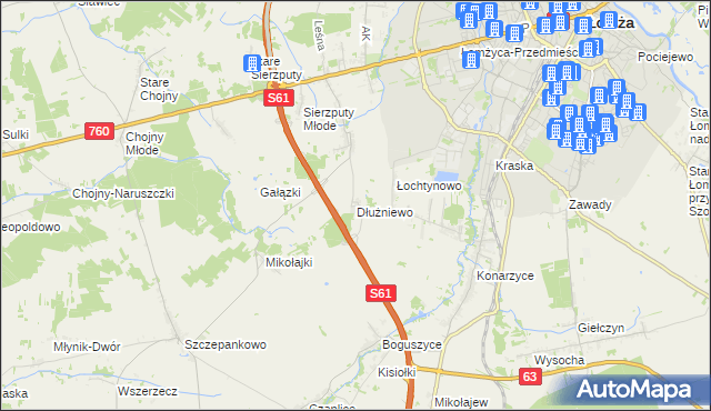 mapa Dłużniewo gmina Łomża, Dłużniewo gmina Łomża na mapie Targeo