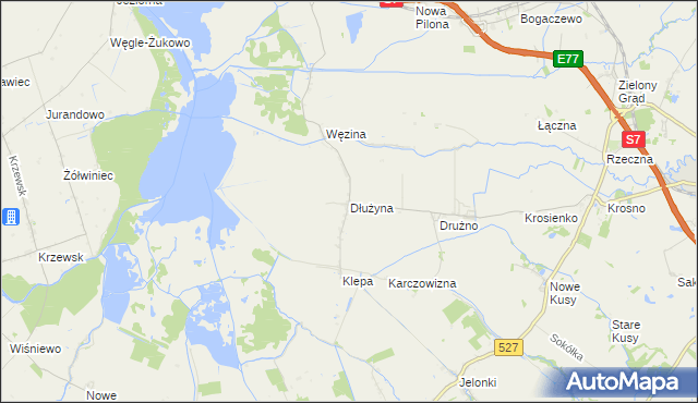 mapa Dłużyna gmina Elbląg, Dłużyna gmina Elbląg na mapie Targeo