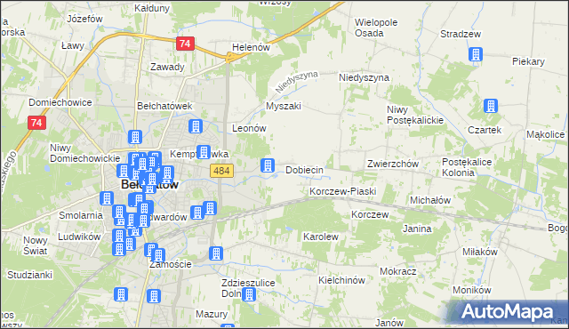 mapa Dobiecin gmina Bełchatów, Dobiecin gmina Bełchatów na mapie Targeo