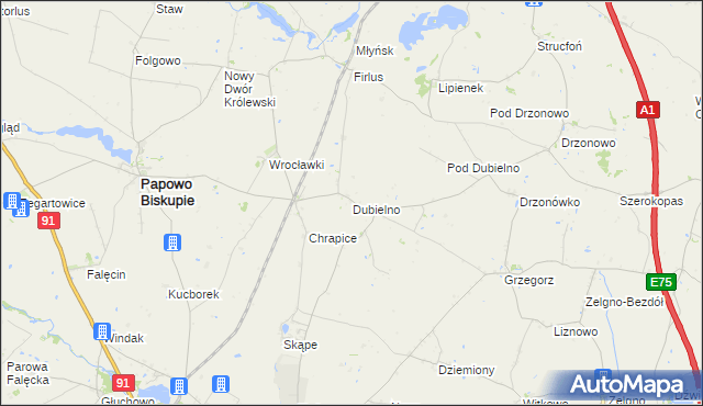 mapa Dubielno gmina Papowo Biskupie, Dubielno gmina Papowo Biskupie na mapie Targeo