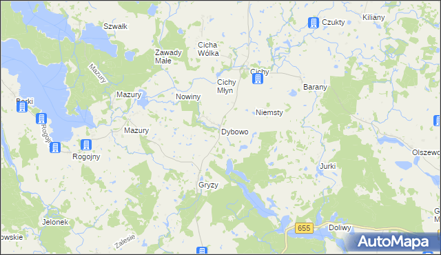 mapa Dybowo gmina Świętajno, Dybowo gmina Świętajno na mapie Targeo