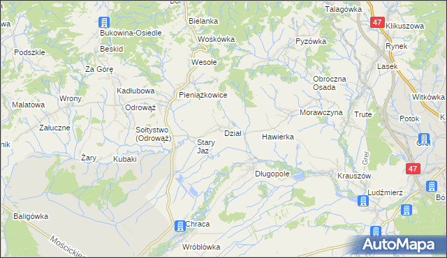 mapa Dział gmina Czarny Dunajec, Dział gmina Czarny Dunajec na mapie Targeo