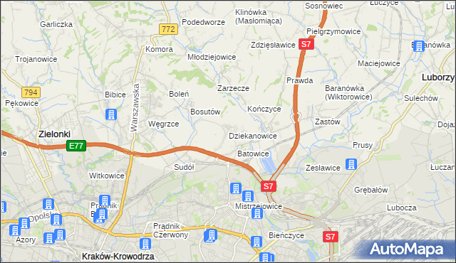 mapa Dziekanowice gmina Zielonki, Dziekanowice gmina Zielonki na mapie Targeo