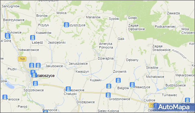 mapa Dzierążnia gmina Działoszyce, Dzierążnia gmina Działoszyce na mapie Targeo