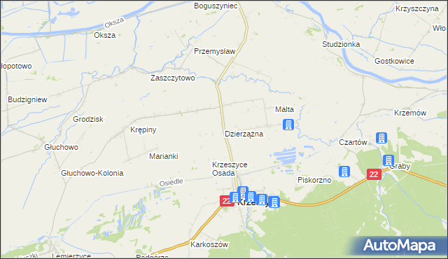 mapa Dzierzążna gmina Krzeszyce, Dzierzążna gmina Krzeszyce na mapie Targeo