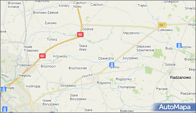 mapa Dźwierzno gmina Radzanowo, Dźwierzno gmina Radzanowo na mapie Targeo