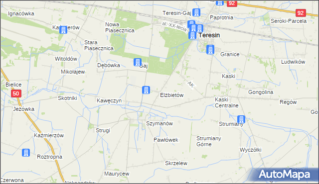 mapa Elżbietów gmina Teresin, Elżbietów gmina Teresin na mapie Targeo