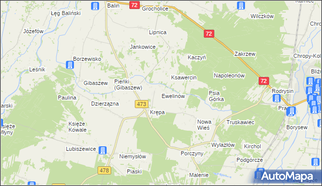 mapa Ewelinów gmina Poddębice, Ewelinów gmina Poddębice na mapie Targeo