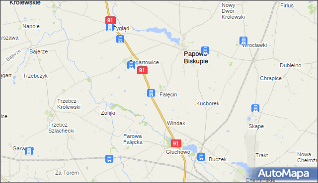 mapa Falęcin gmina Papowo Biskupie, Falęcin gmina Papowo Biskupie na mapie Targeo