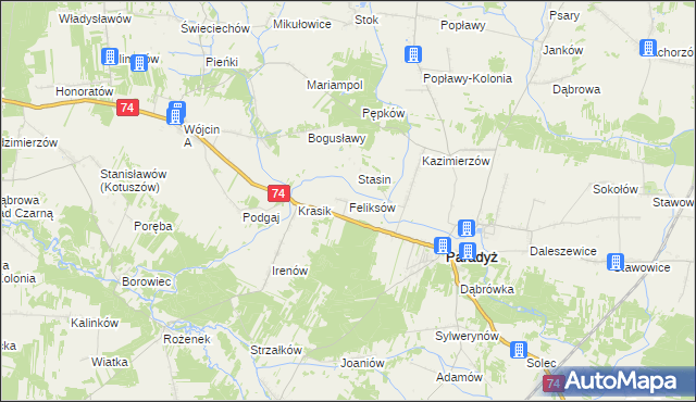 mapa Feliksów gmina Paradyż, Feliksów gmina Paradyż na mapie Targeo